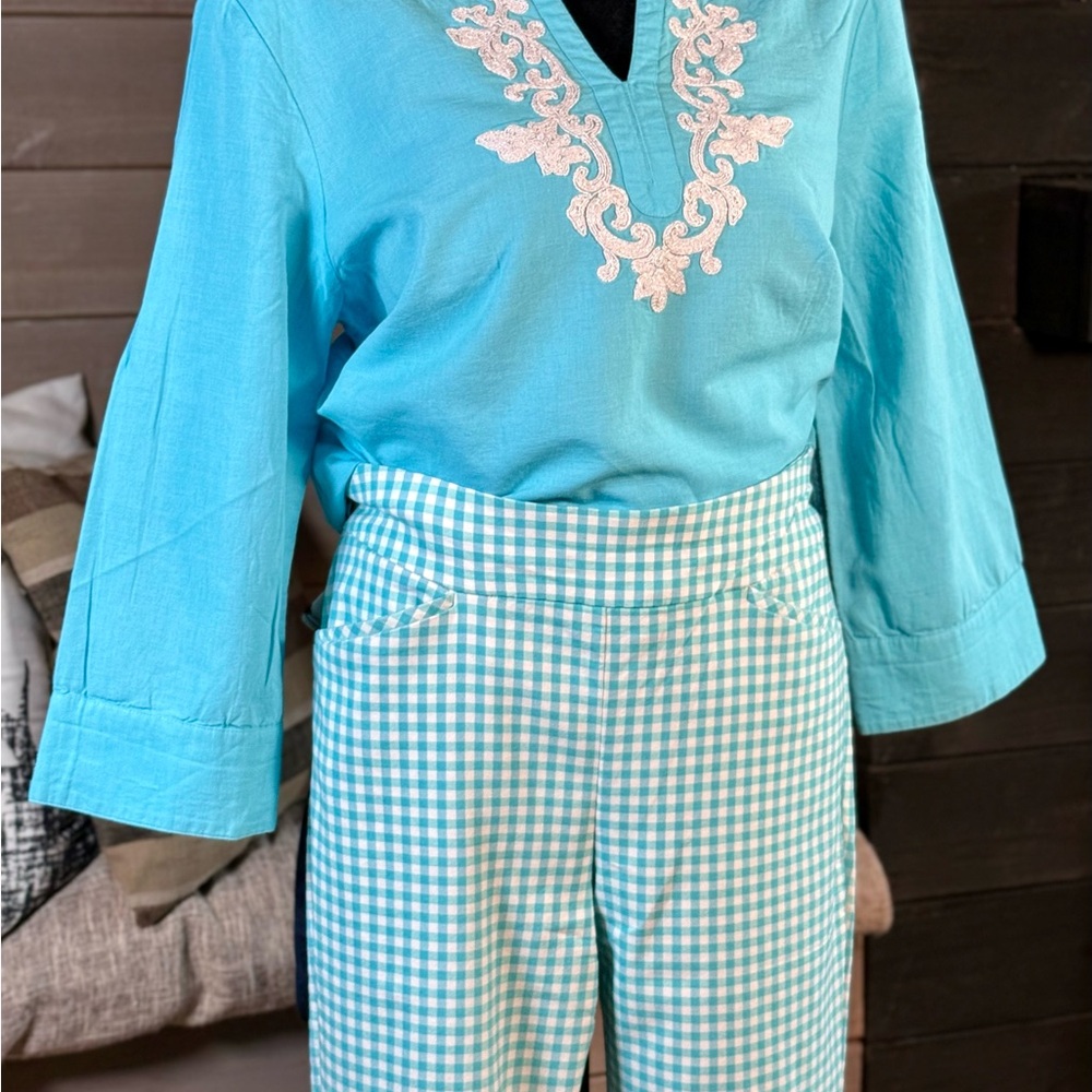 Chico's Turquoise Embroidered Blouse, Sleeveless Tunic and Gingham Pants Set - Picture 5 of 11